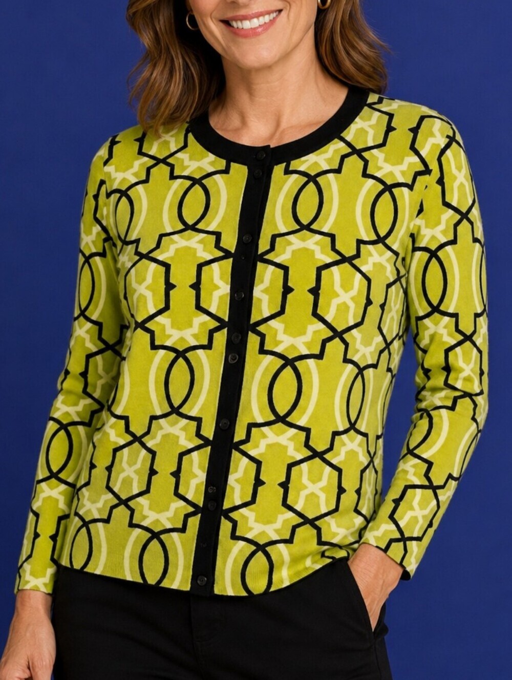 Crown & IVY Acid Green Geometric Mod Button Down Sweater